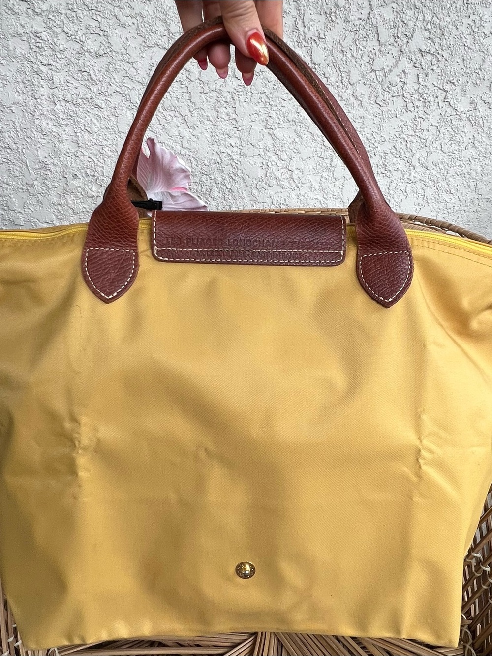 Longchamp Yellow Tote Bag with Brown Leather Trim - Classic Women's Handbag - Picture 5 of 8